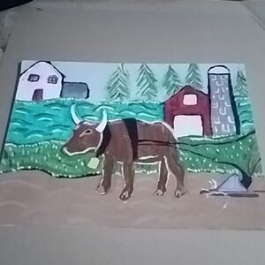 Farm Scene Painting with Brown Ox